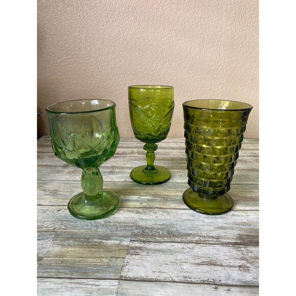Other - Lot of 3 Vintage Green Glass Goblets – Tiffin, L.E. Smith & Anchor Hocking – MCM